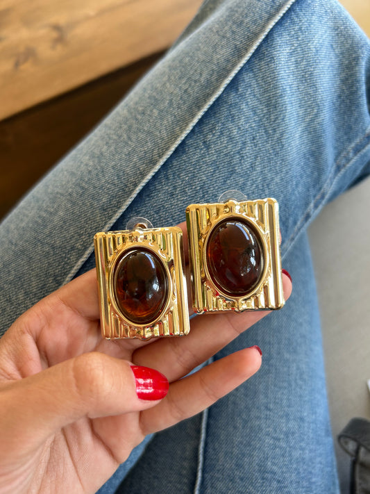 Kahverengi mineli gold küpe